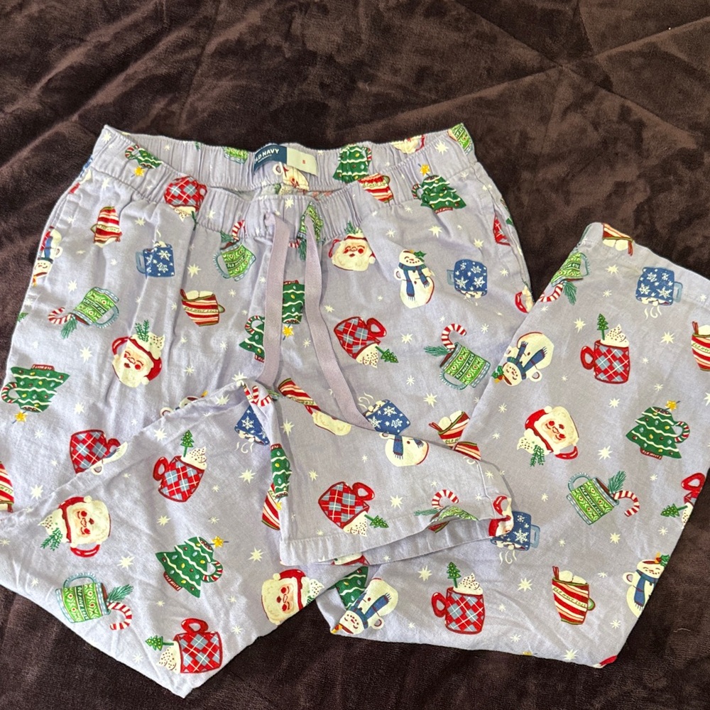 Maternity Holiday Pajama Bottoms in Light Gray with Santa & Trees